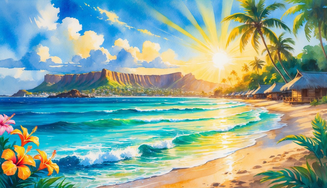 A sunny Hawaiian landscape featuring Diamond Head crater, turquoise ocean waves, tropical flowers, and traditional huts along the beach.