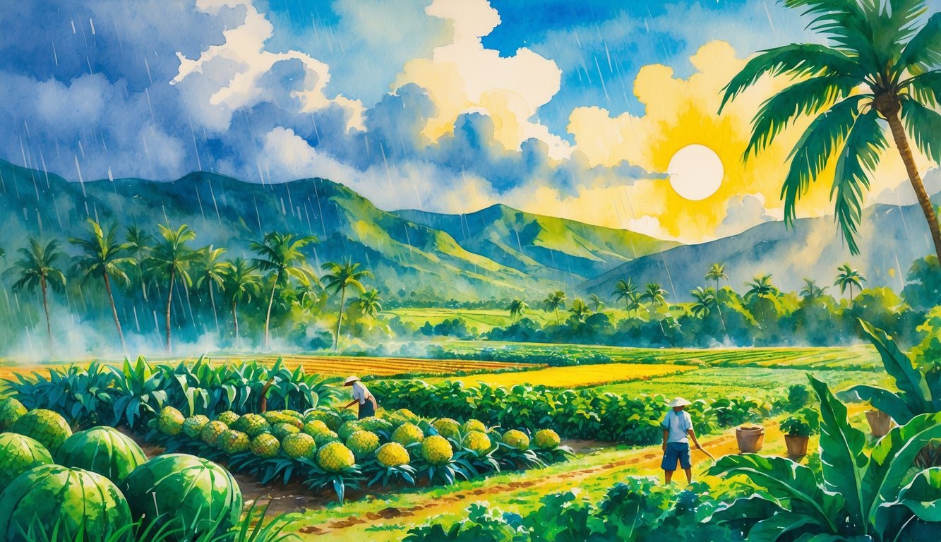A Hawaiian farm with crops and farmers under a sky with sun and rain, surrounded by mountains and palm trees.