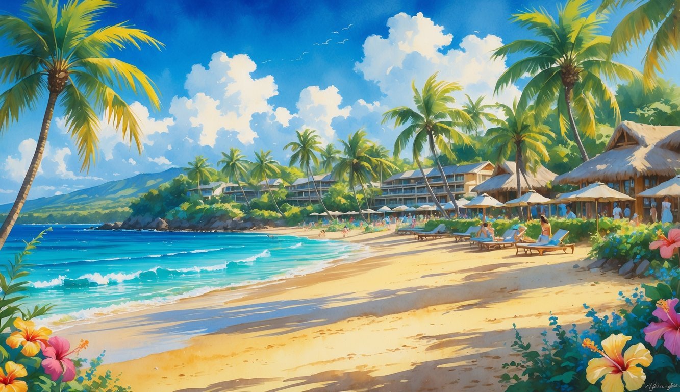 A sunny Hawaiian beach with golden sand, turquoise water, palm trees, tropical flowers, beach huts, and people relaxing by the shore.