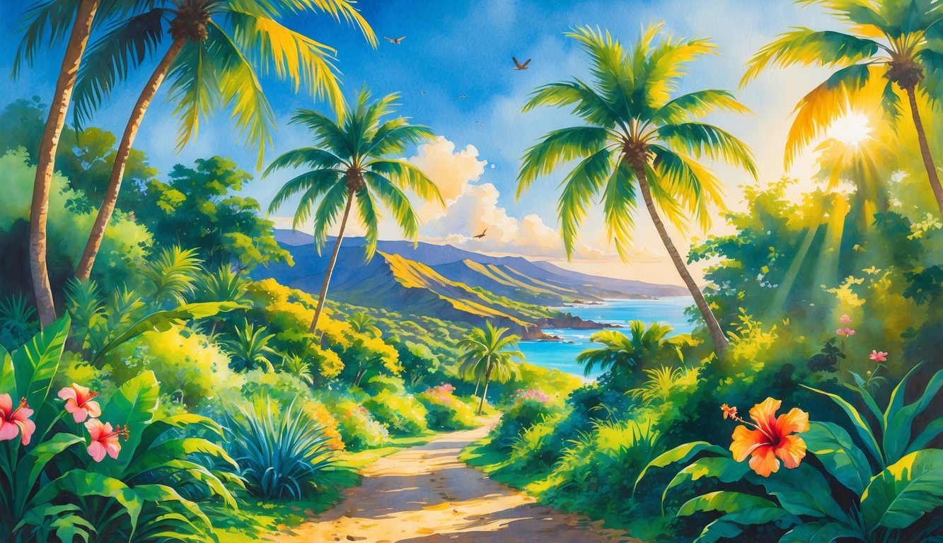 A sunny Hawaiian landscape with palm trees, colorful flowers, a winding path, and distant volcanic hills under a clear sky.