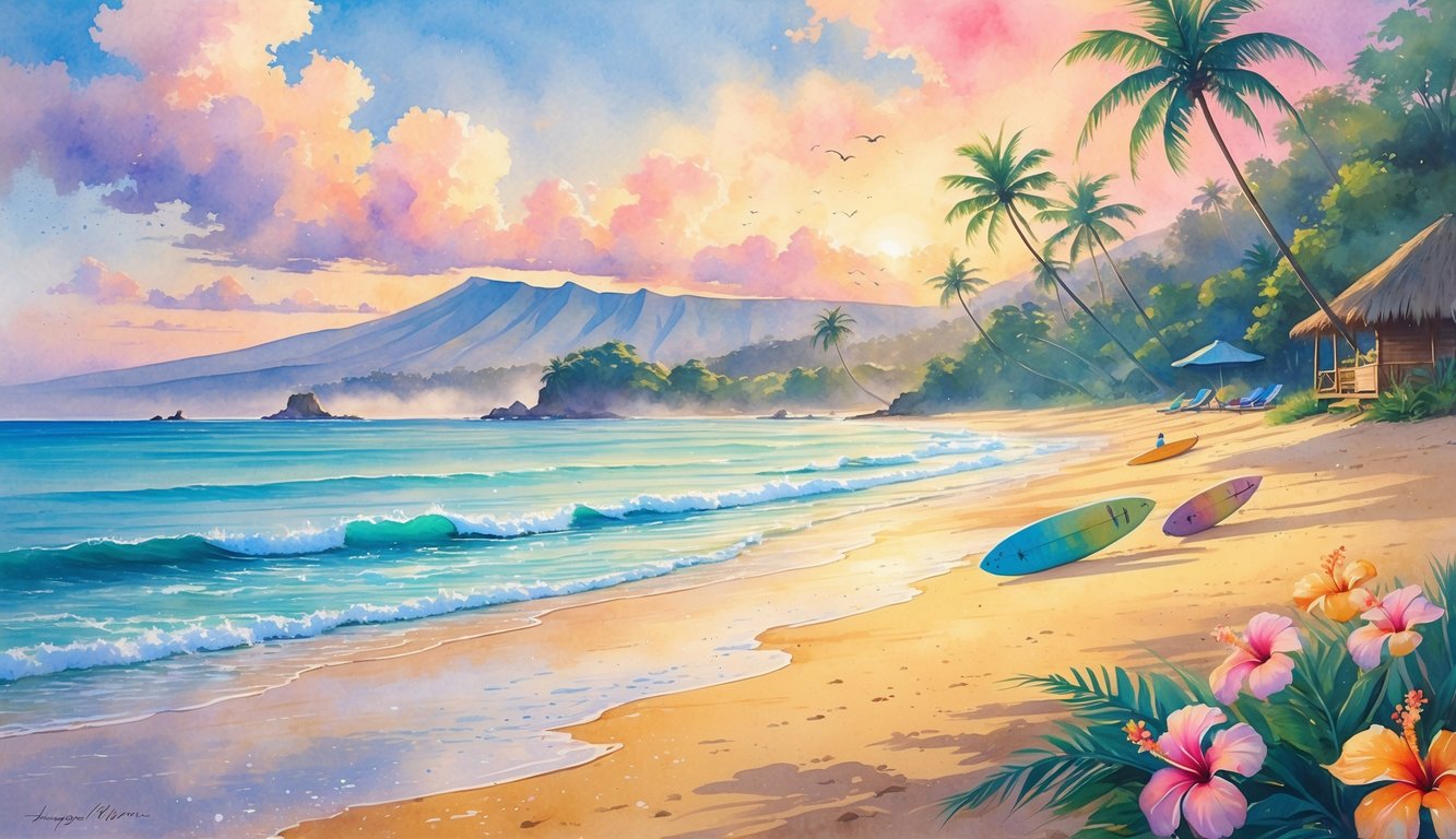 A peaceful beach scene with palm trees, colorful flowers, gentle waves, and distant mountains under a soft sunrise sky.