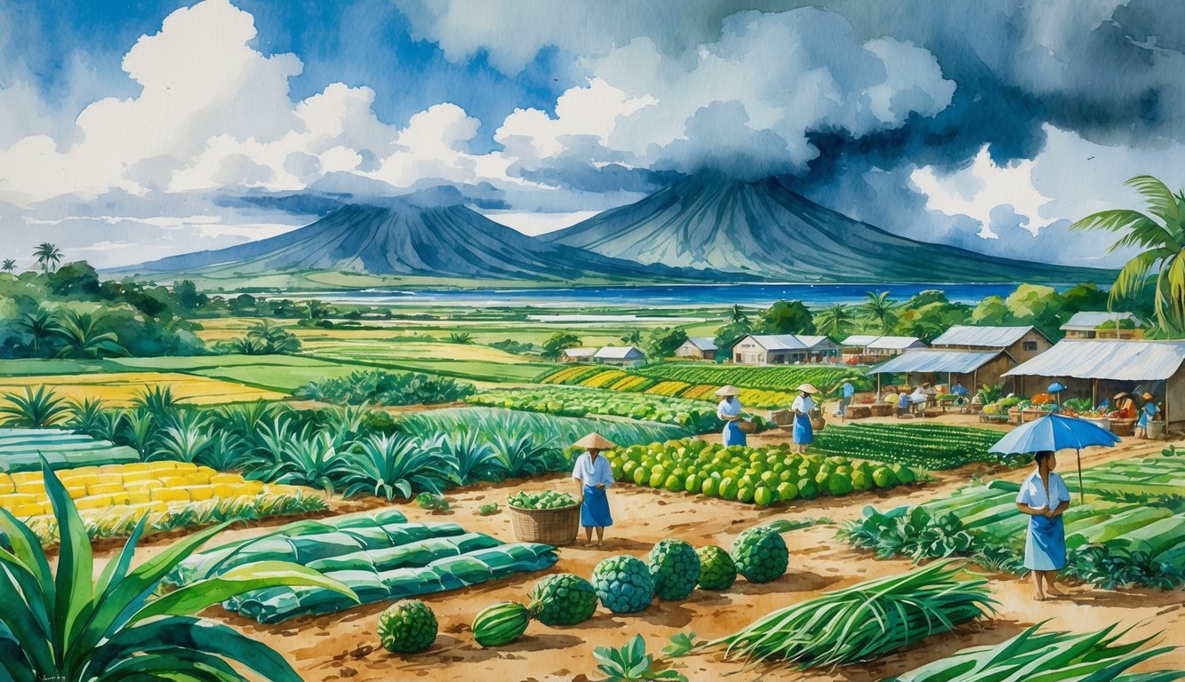 A tropical Hawaiian farm with farmers working among crops near mountains and a coastal village under changing weather conditions.