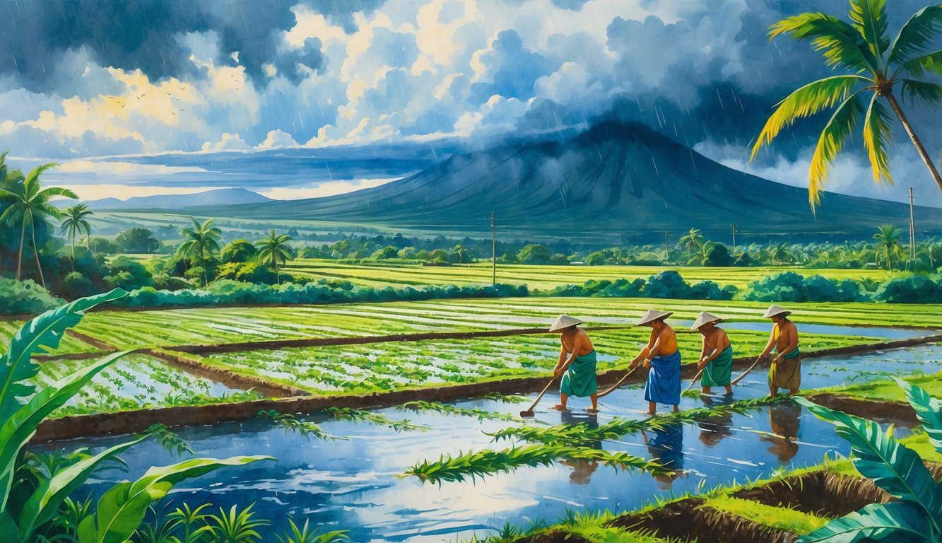Hawaiian farmers working in taro fields with mountains and storm clouds in the background.