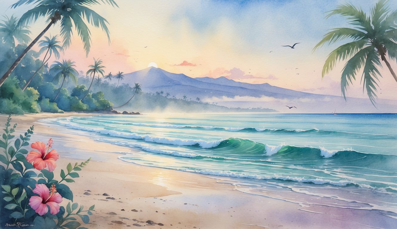 A peaceful beach with palm trees, gentle waves, and distant mountains under a soft sunset sky, with tropical flowers in the foreground.