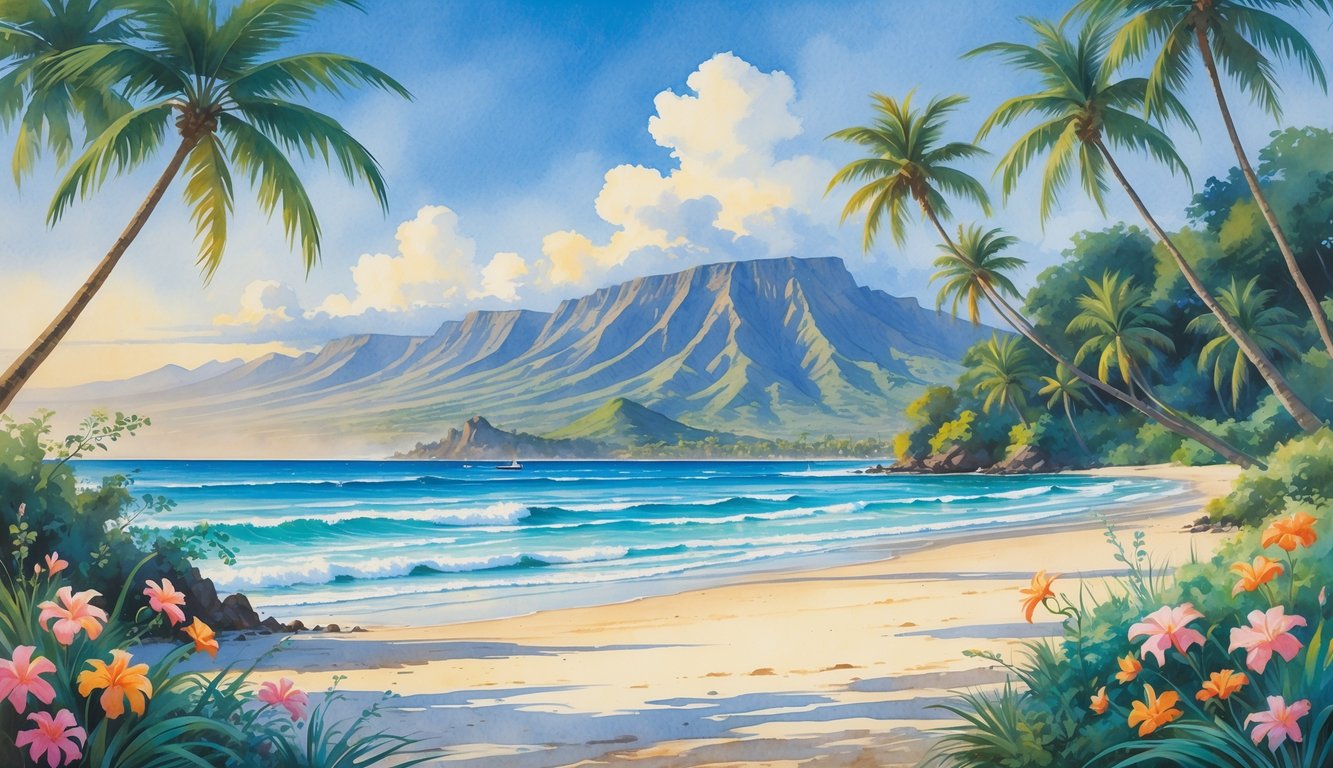 A peaceful tropical beach with palm trees, gentle waves, volcanic mountains, and colorful flowers under a clear sky.