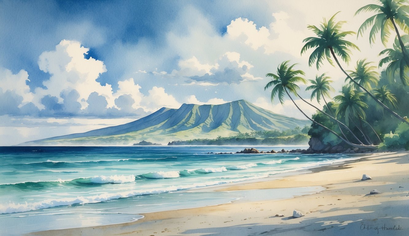 A peaceful tropical island beach with palm trees, calm waves, and distant mountains under a partly cloudy sky.