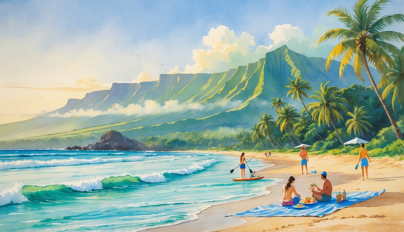 A peaceful Hawaiian beach scene with people walking, paddleboarding, and picnicking near palm trees and mountains under a clear sky.