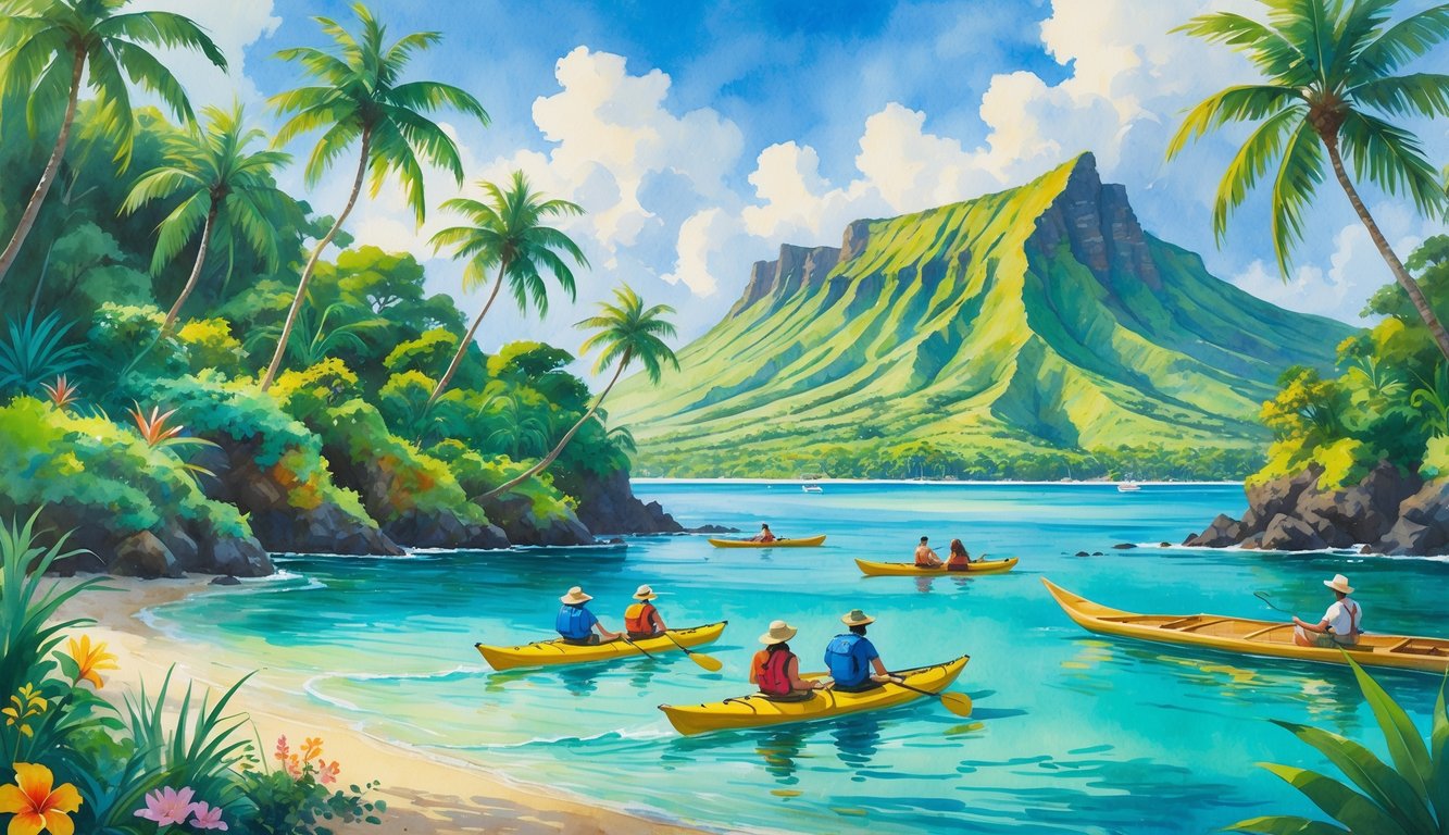 A peaceful Hawaiian coastal scene with tourists kayaking near palm trees, flowers, and a volcanic mountain in the background.