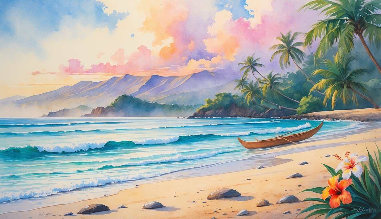 A peaceful Hawaiian beach with palm trees, gentle waves, tropical flowers, and distant mountains under a colorful sky at sunrise or sunset.