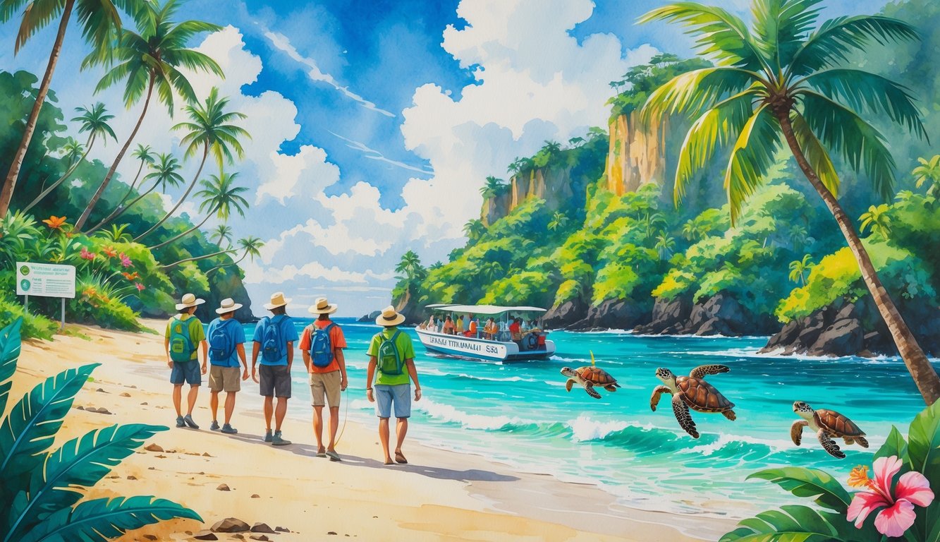 A group of tourists exploring a tropical Hawaiian beach with palm trees, clear blue water, sea turtles, and colorful birds, surrounded by lush green rainforest.