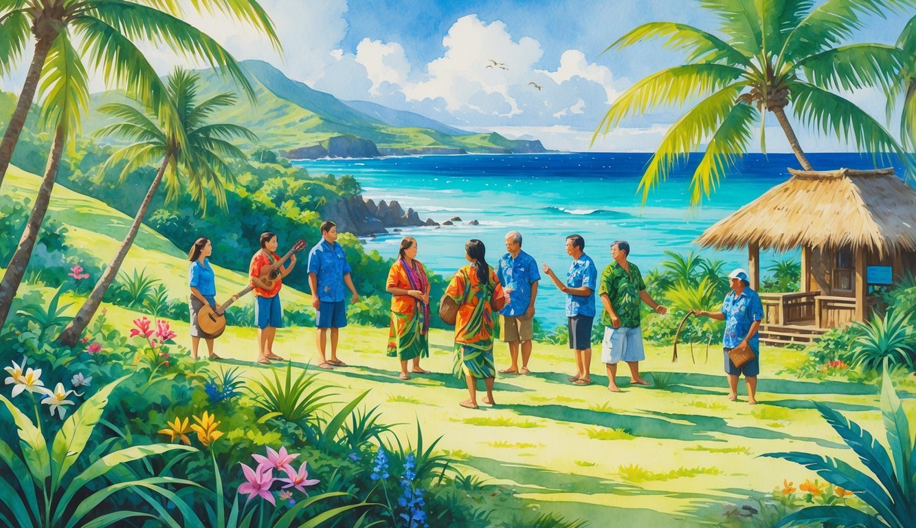 A group of people exploring a lush Hawaiian landscape with tropical plants, ocean views, and native wildlife while learning from a local guide.