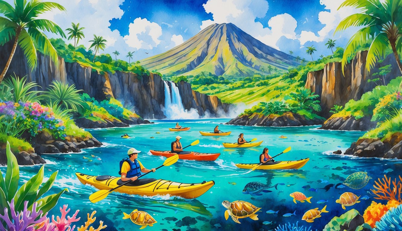A group of people kayaking, hiking, and snorkeling in a lush Hawaiian landscape with volcanoes, waterfalls, and vibrant marine life.