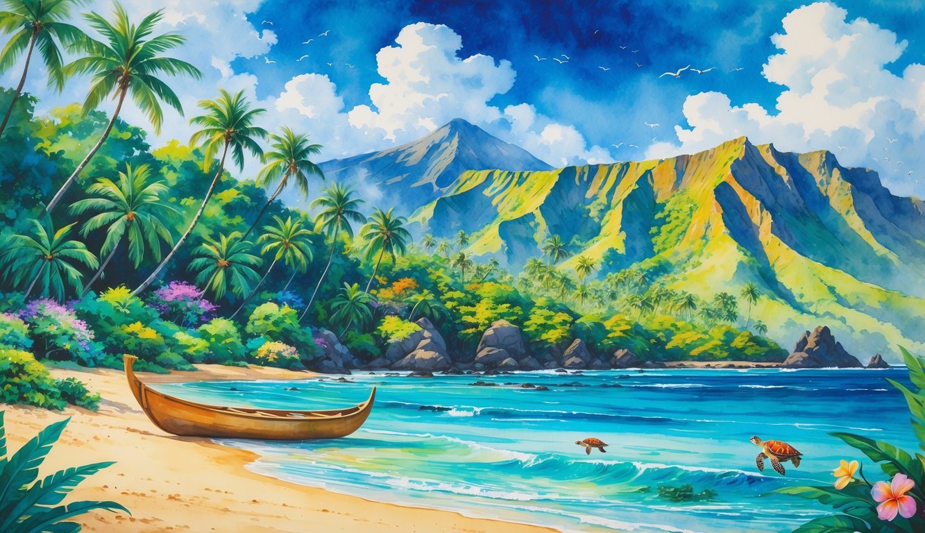 A tropical Hawaiian landscape with palm trees, mountains, clear ocean water, a sandy beach, and native wildlife like birds and sea turtles.