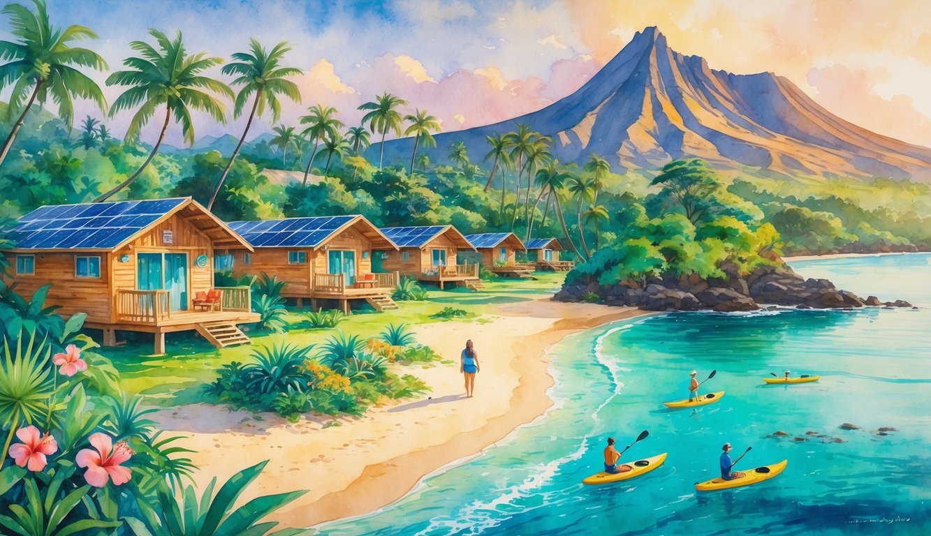 A tropical Hawaiian landscape with eco-friendly wooden bungalows among palm trees and flowers, a sandy beach with kayaks, tourists hiking and snorkeling, and volcanic mountains in the background.