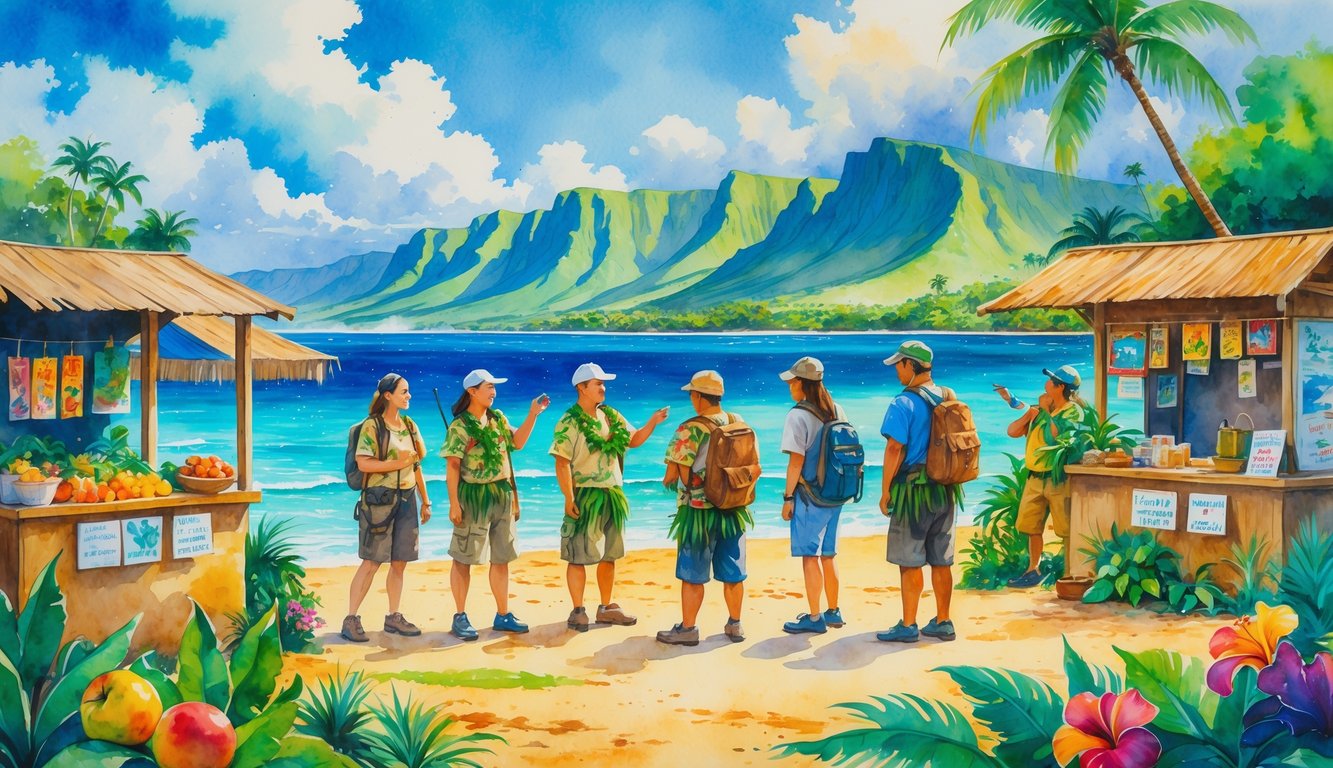 A group of travelers and local guides exploring a Hawaiian landscape with mountains, palm trees, ocean, and small market stalls.