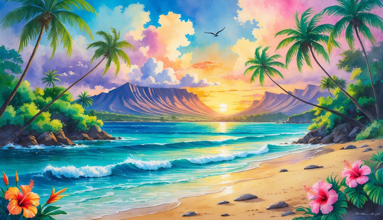 A tropical Hawaiian landscape with palm trees, blooming flowers, volcanic mountains, a colorful sunset sky, and a calm ocean beach.