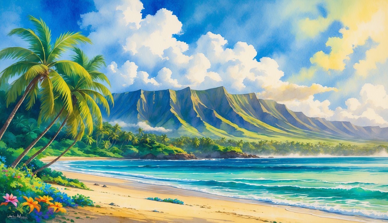 A tropical Hawaiian landscape with palm trees, a sandy beach, turquoise ocean, volcanic mountains, and a partly cloudy sky.