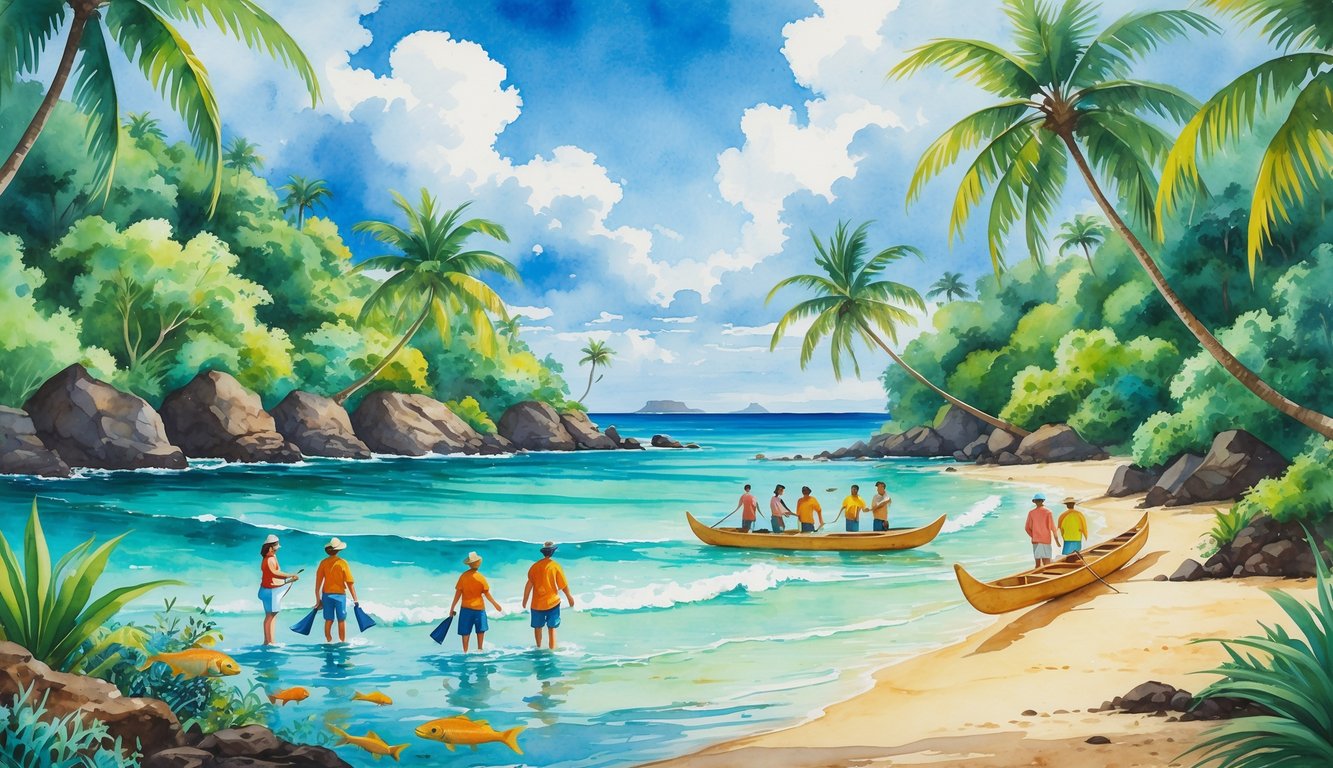 A tropical Hawaiian beach with tourists snorkeling near coral reefs, native plants and palm trees, and a local guide showing wildlife to visitors.