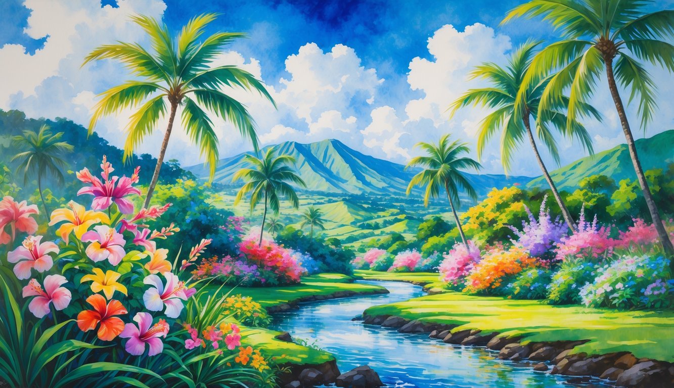A colorful Hawaiian landscape with blooming tropical flowers, palm trees, green hills, mountains, and a sparkling stream under a clear sky.