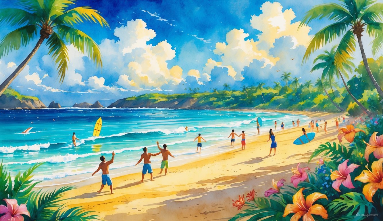A sunny Hawaiian beach with golden sand, palm trees, people surfing and dancing, and colorful tropical flowers under a bright blue sky.