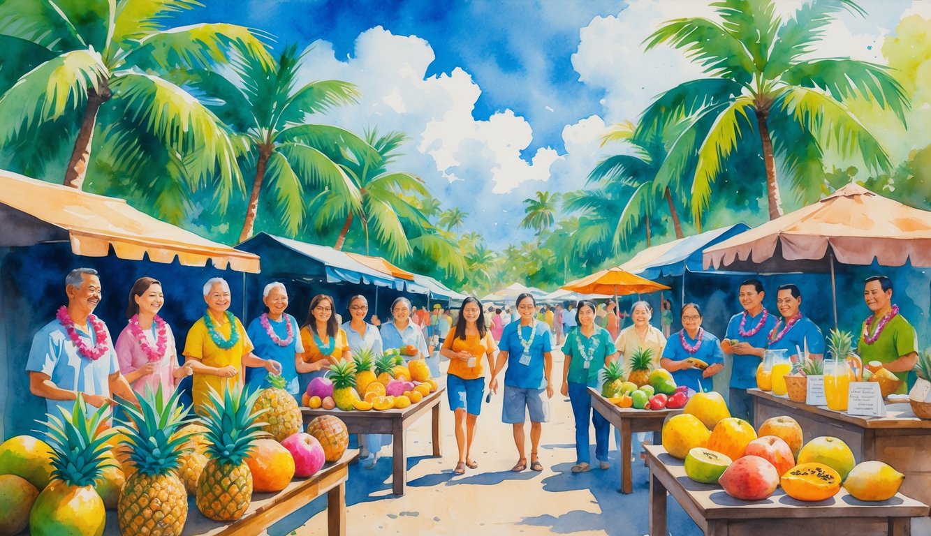 People shopping and interacting at a busy outdoor Hawaiian market with tropical fruits, crafts, and palm trees.