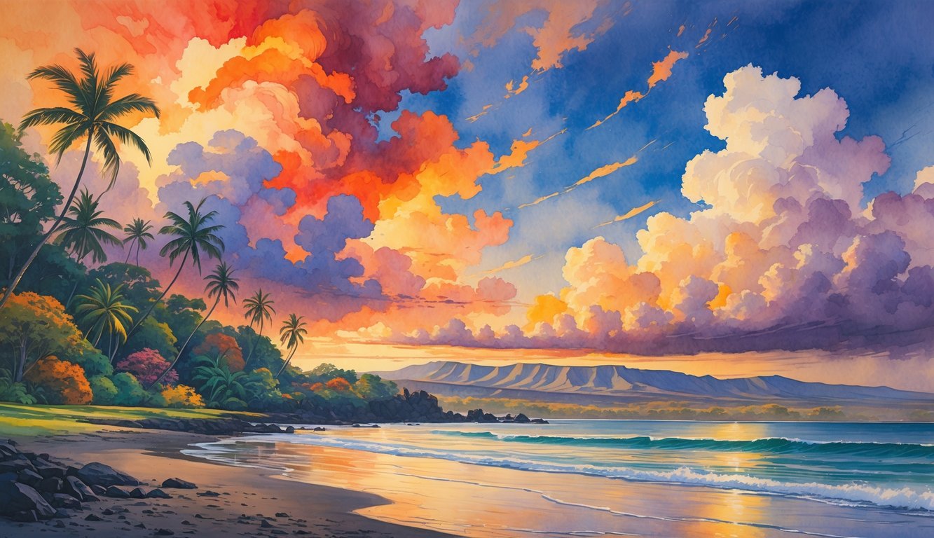 A Hawaiian coastal landscape with dramatic colorful skies, palm trees, mountains, and a calm shoreline with gentle waves.