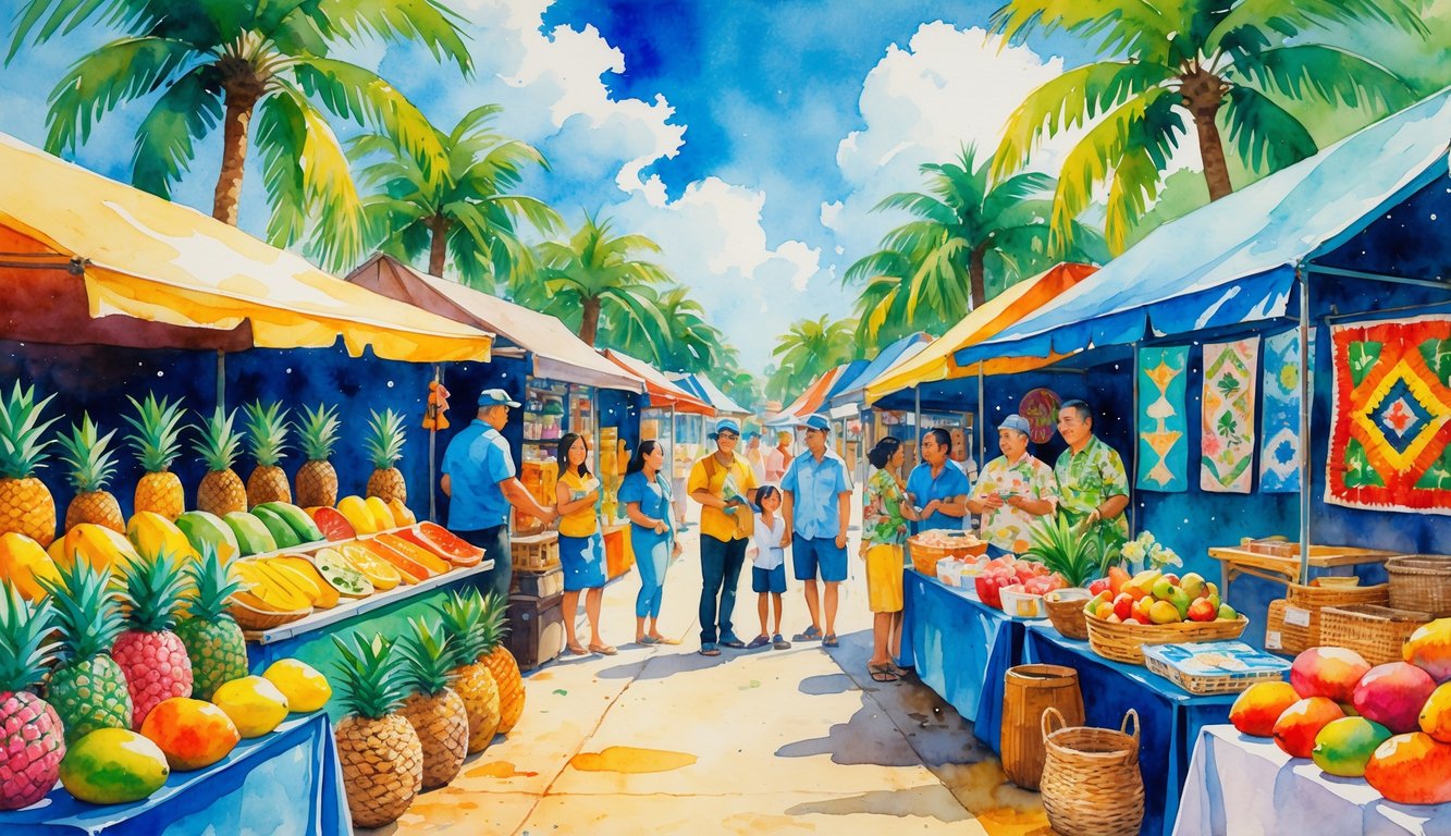 A lively Hawaiian marketplace with local vendors selling tropical fruits and handmade crafts, surrounded by palm trees and smiling customers.