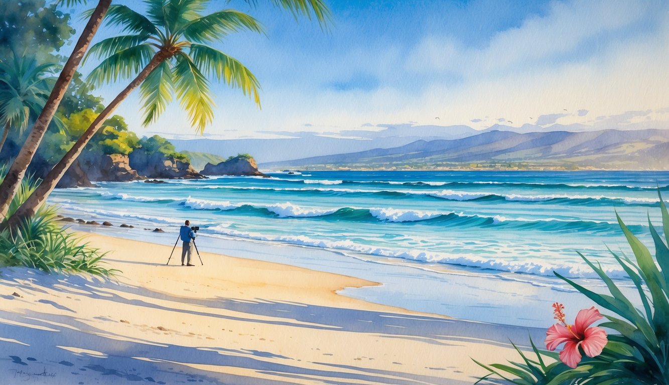 A peaceful Hawaiian beach with gentle waves, palm trees, and a lone photographer on the sand under a clear blue sky.