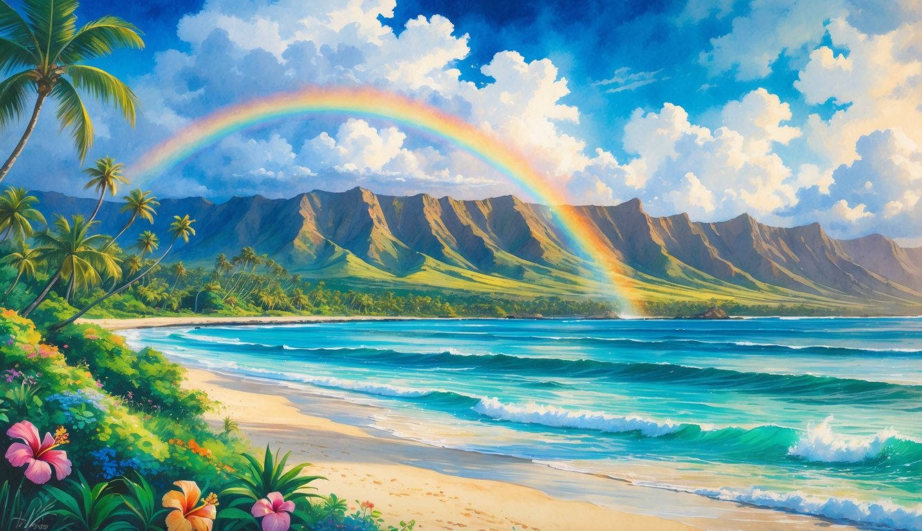 A tropical island landscape with green mountains, palm trees, colorful flowers, white sandy beaches, clear blue ocean, and a rainbow in the sky.