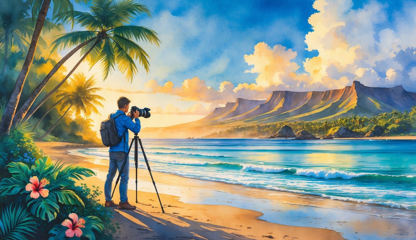 A photographer on a beach in Hawaii at sunrise, surrounded by palm trees, flowers, mountains, and the ocean.