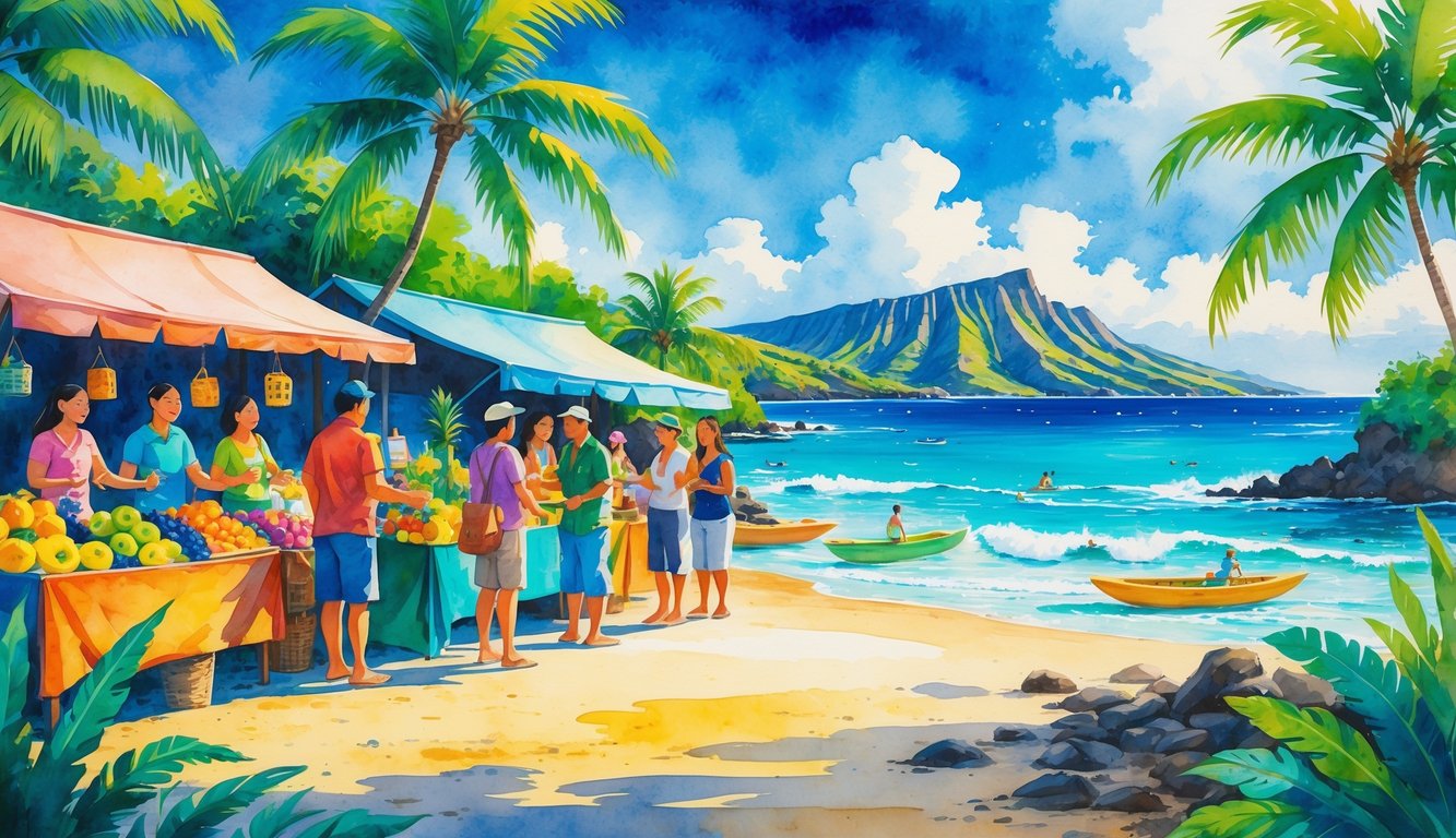 A Hawaiian coastal village market with local vendors and tourists surrounded by palm trees, mountains, and ocean.