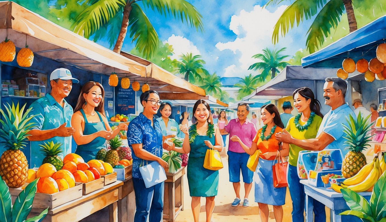 A lively Hawaiian marketplace with local business owners selling tropical fruits and handmade crafts to happy customers under palm trees.