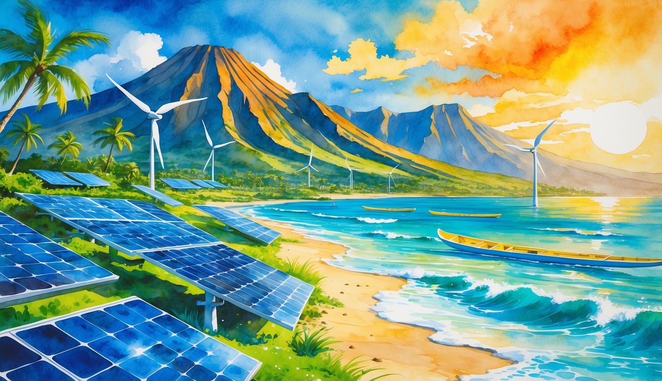 A tropical island with mountains, palm trees, solar panels, wind turbines, and ocean waves under a colorful sunrise.