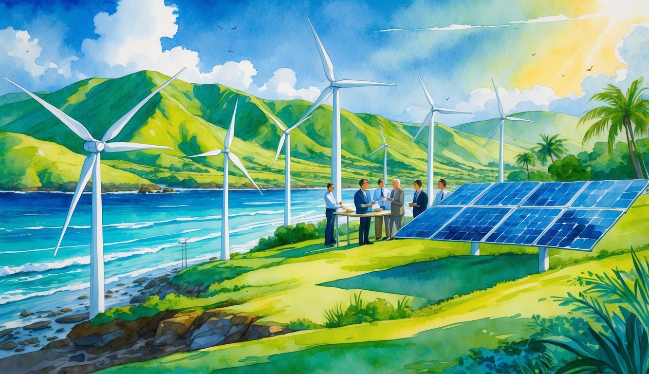 A Hawaiian landscape with wind turbines and solar panels near the ocean, showing people working together outdoors.