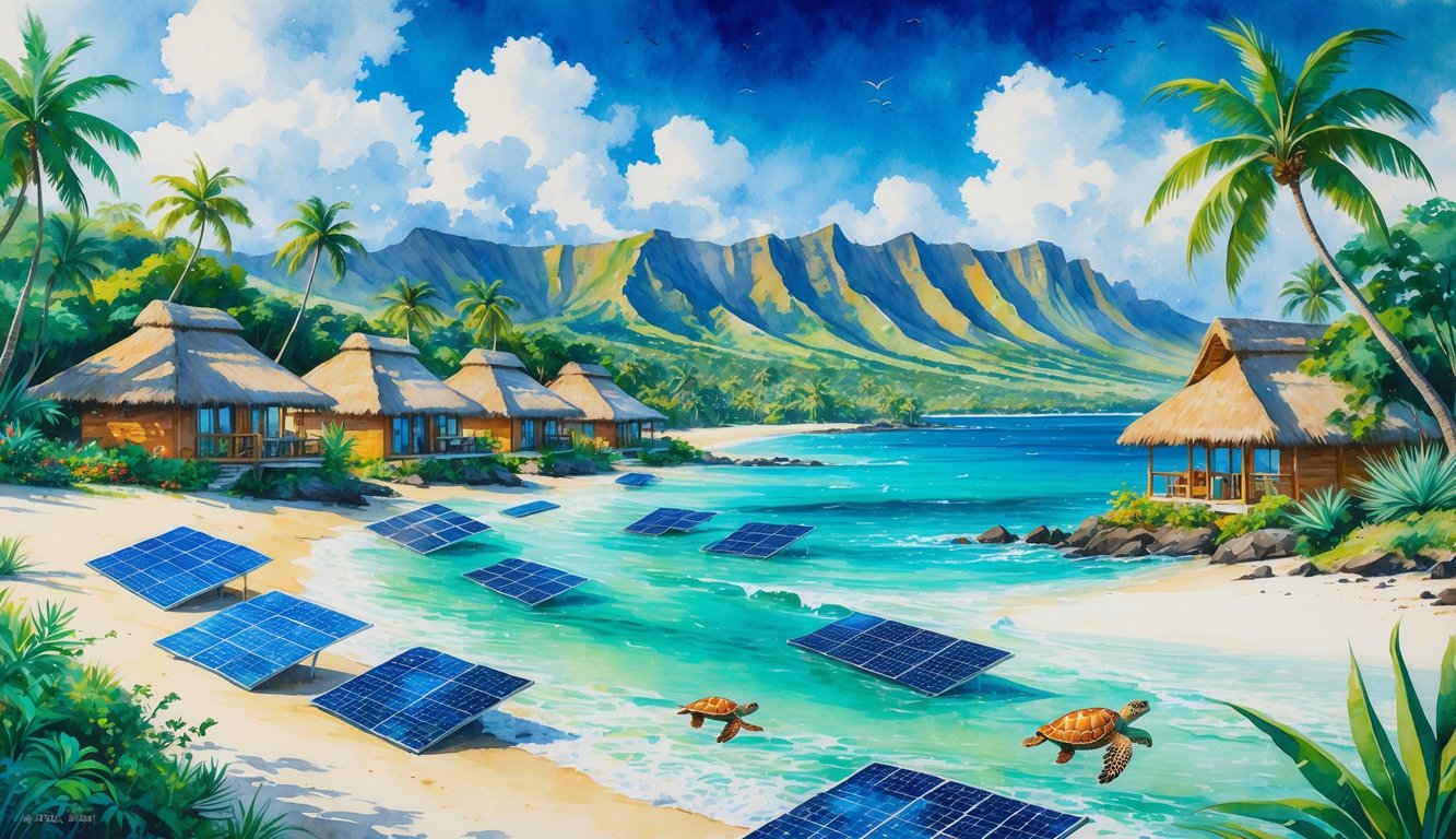 A peaceful Hawaiian coastal resort with eco-friendly bungalows, tropical plants, clear blue water, sandy beach, volcanic mountains, and wildlife like sea turtles and tropical birds.