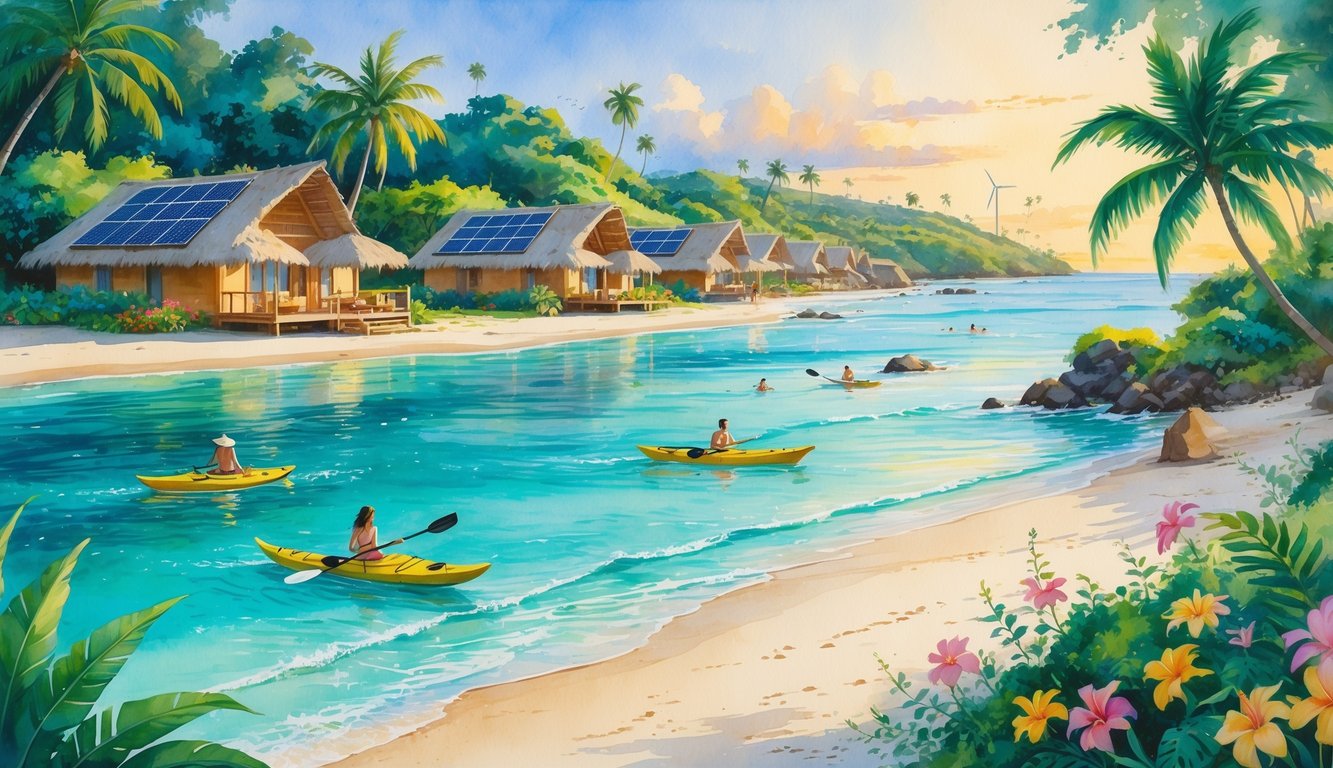 A tropical Hawaiian resort surrounded by palm trees, clear ocean water, and eco-friendly bungalows with guests enjoying outdoor activities.