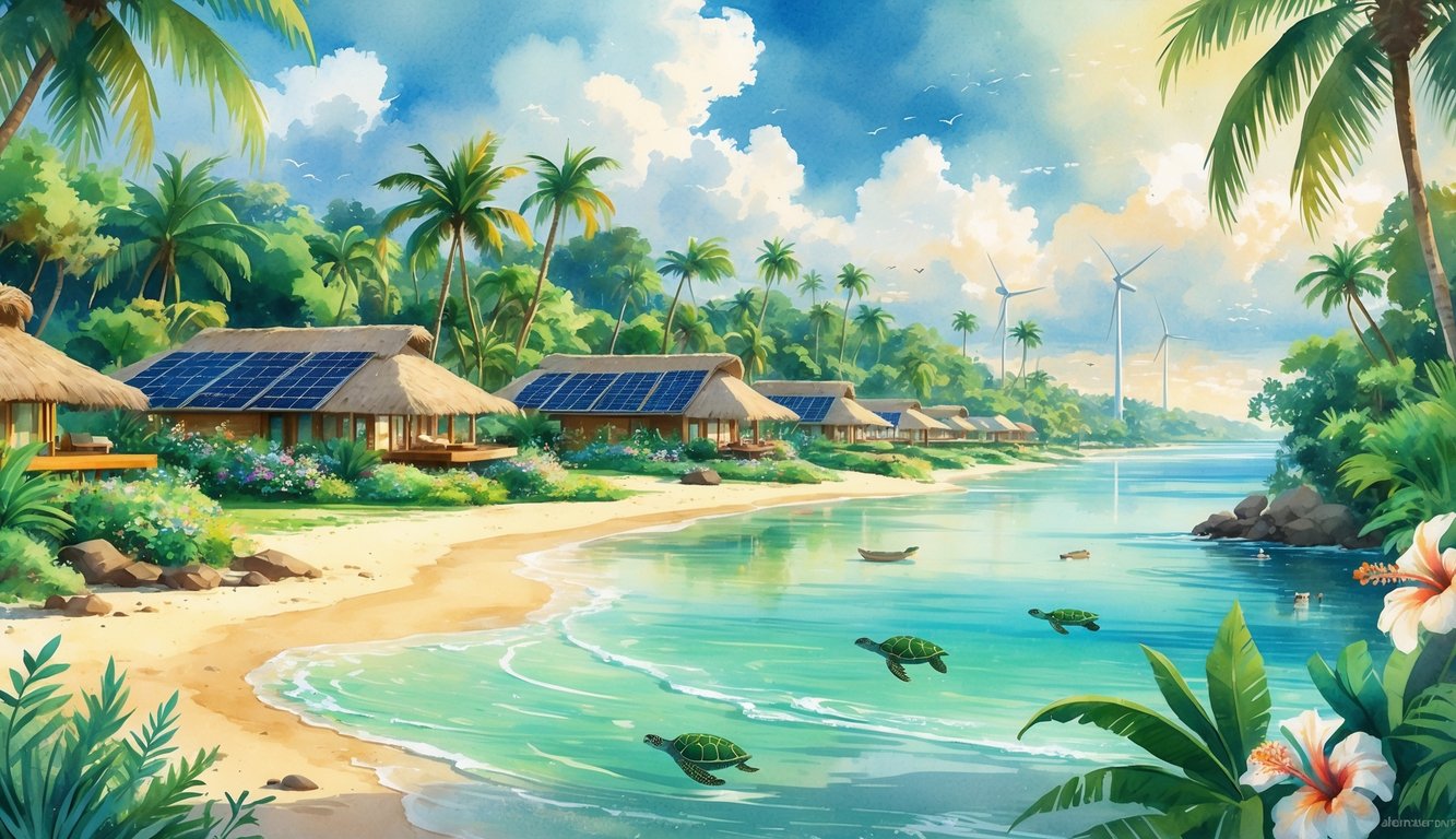 A peaceful Hawaiian beach scene with eco-friendly bungalows surrounded by tropical plants, palm trees, and clear ocean waters.