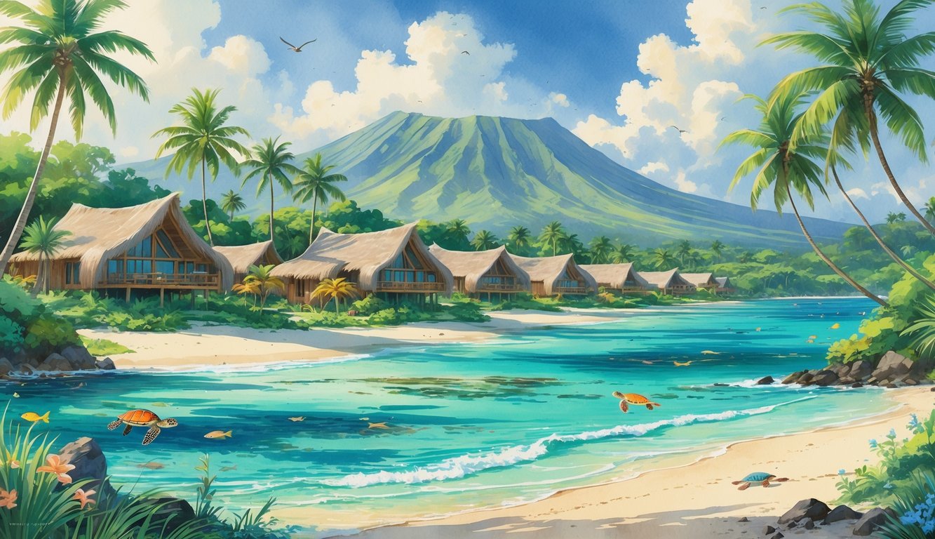 A peaceful tropical island with eco-friendly resorts surrounded by palm trees, clear blue ocean, sandy beaches, and mountains in the background.