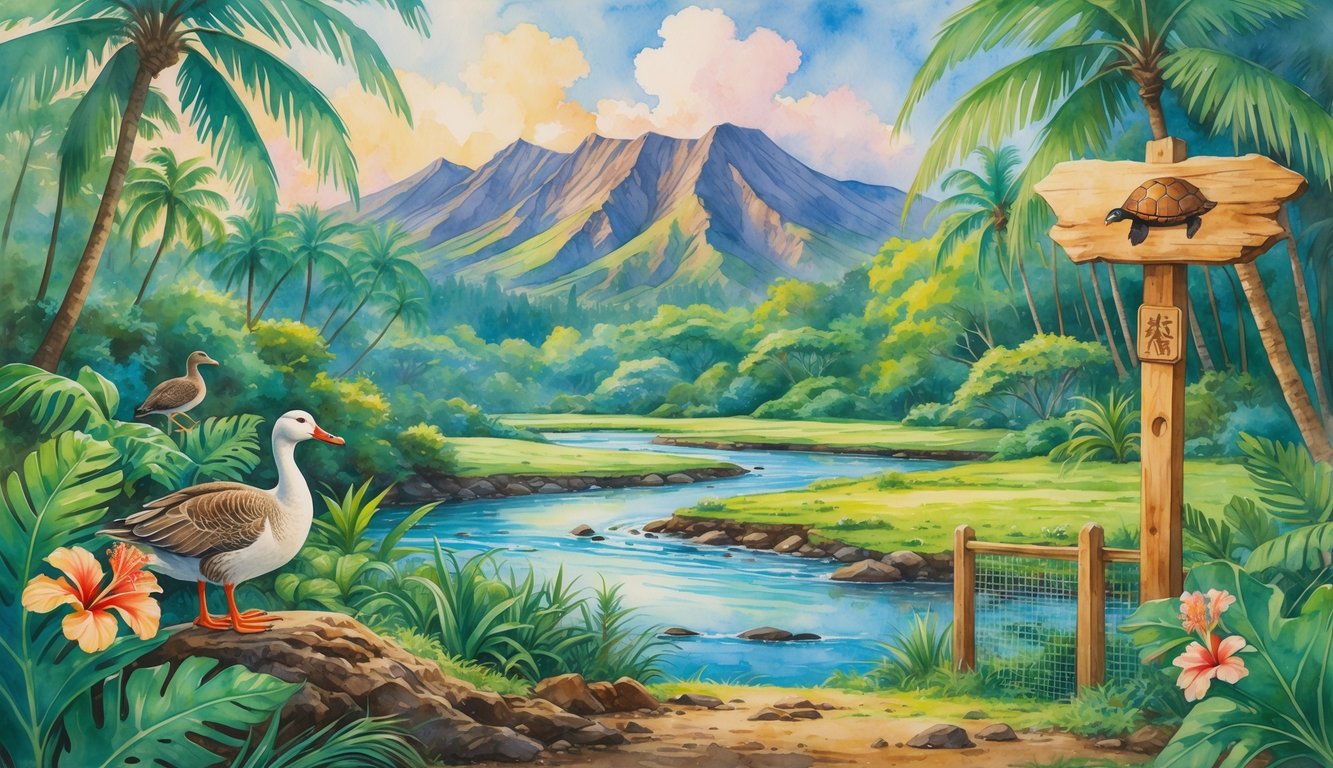 A Hawaiian forest with native birds, tropical plants, a flowing stream, and mountains in the background, showing a protected natural habitat.