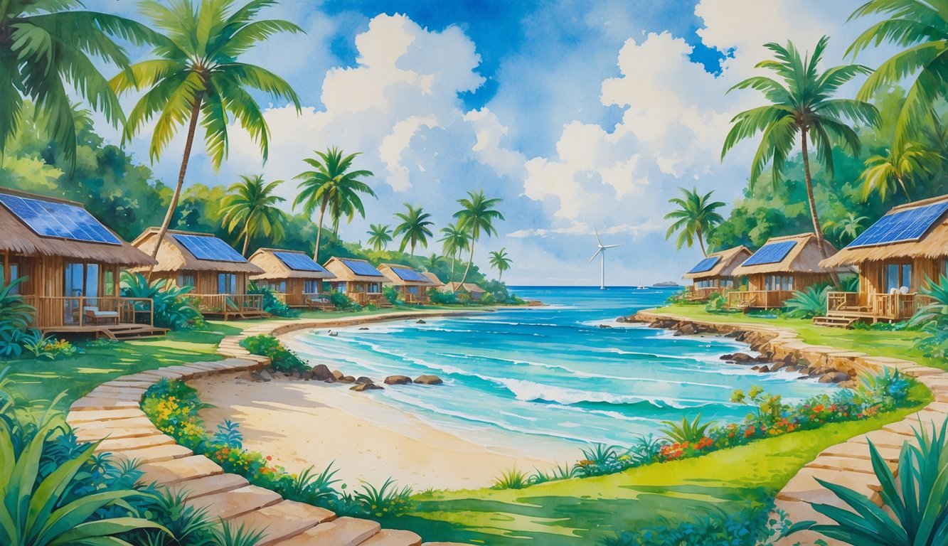 A tropical Hawaiian resort surrounded by lush greenery and the ocean, featuring eco-friendly buildings and natural landscaping.