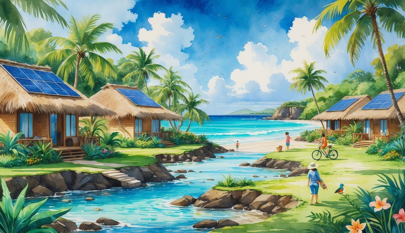 A tropical Hawaiian resort with eco-friendly bungalows surrounded by lush greenery, a clear stream, colorful flowers, and a pristine beach with turquoise water.