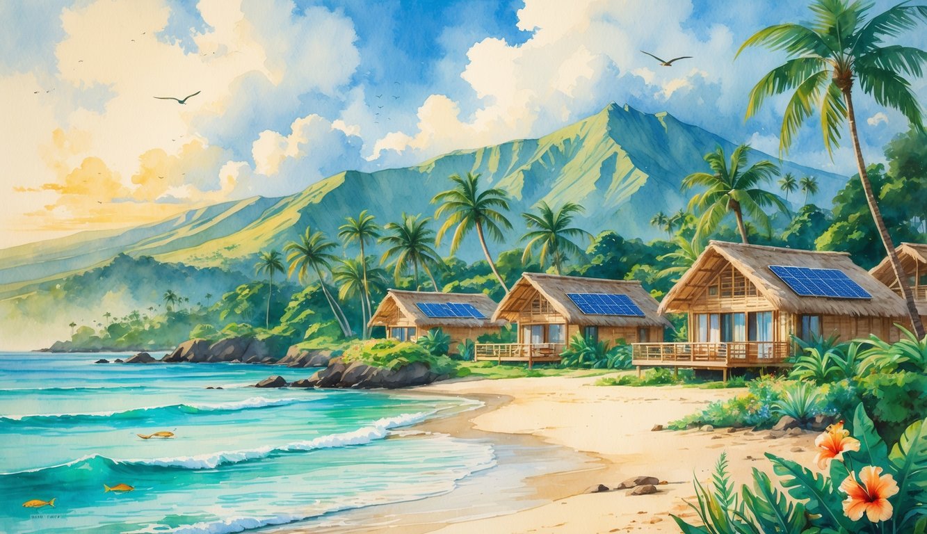 A peaceful Hawaiian beach scene with eco-friendly resort bungalows surrounded by tropical plants, mountains in the background, and clear blue ocean waters.