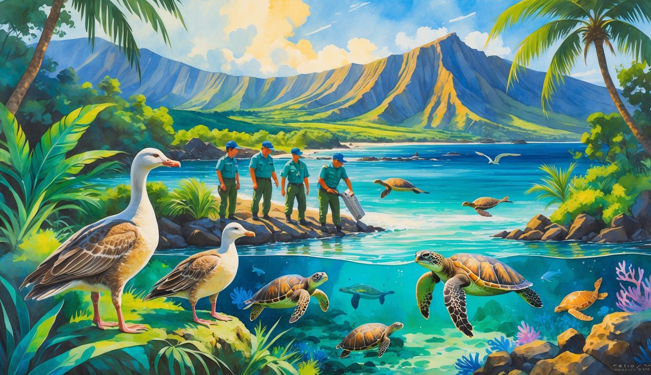 A scene showing Hawaiian native birds, a sea turtle being released by conservation workers, volcanic mountains, rainforests, and ocean with marine life.