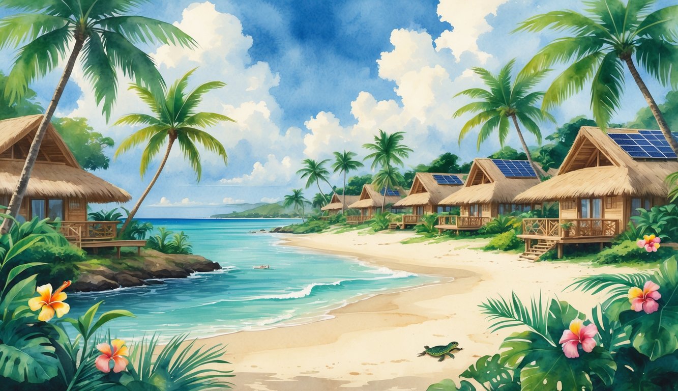 A tropical Hawaiian resort surrounded by palm trees, colorful flowers, a sandy beach, ocean waves, and wildlife like sea turtles and birds.