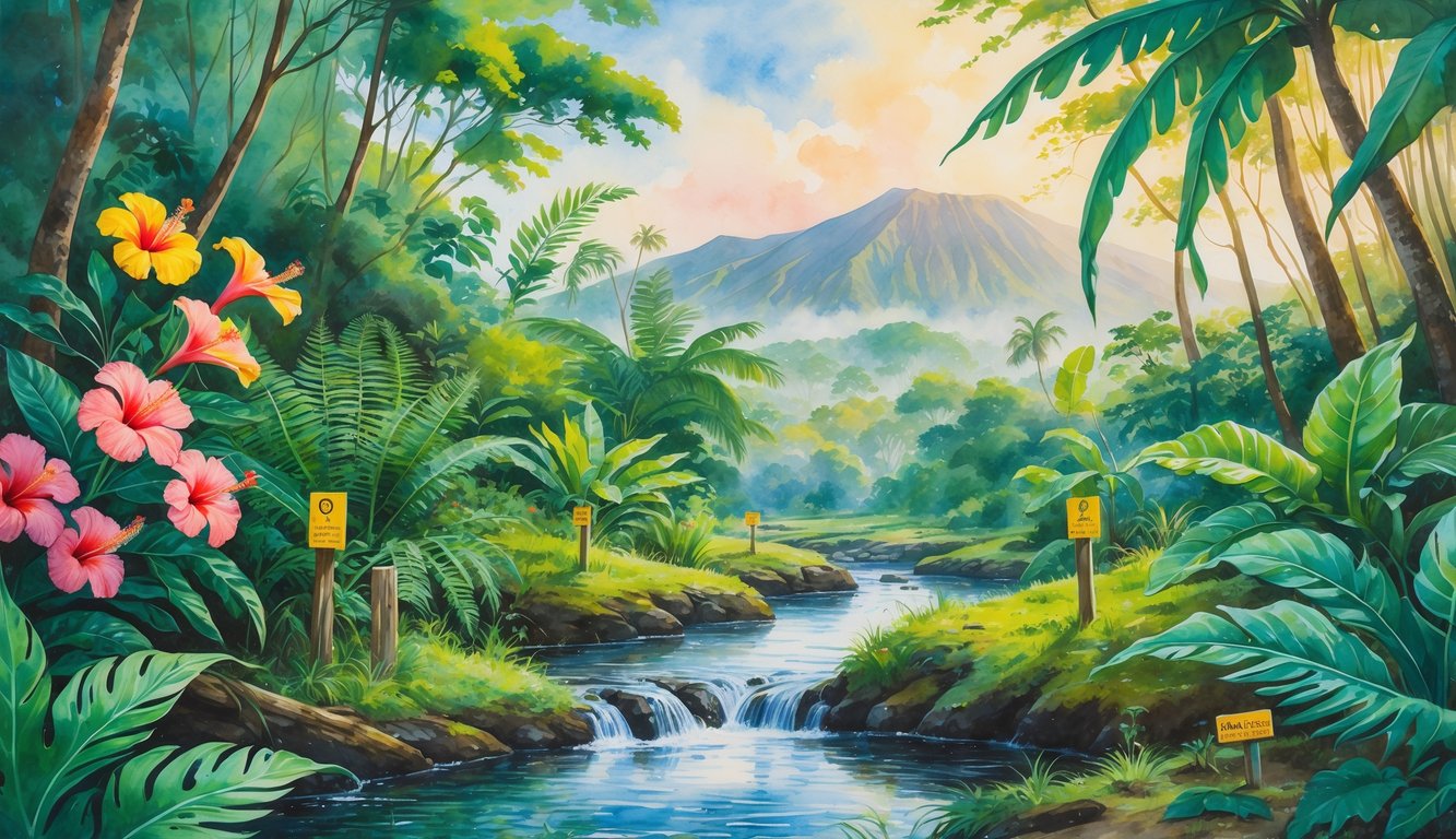 A tropical Hawaiian forest with native plants, a flowing stream, and mountains in the background, showing a natural habitat where endangered plants are protected.