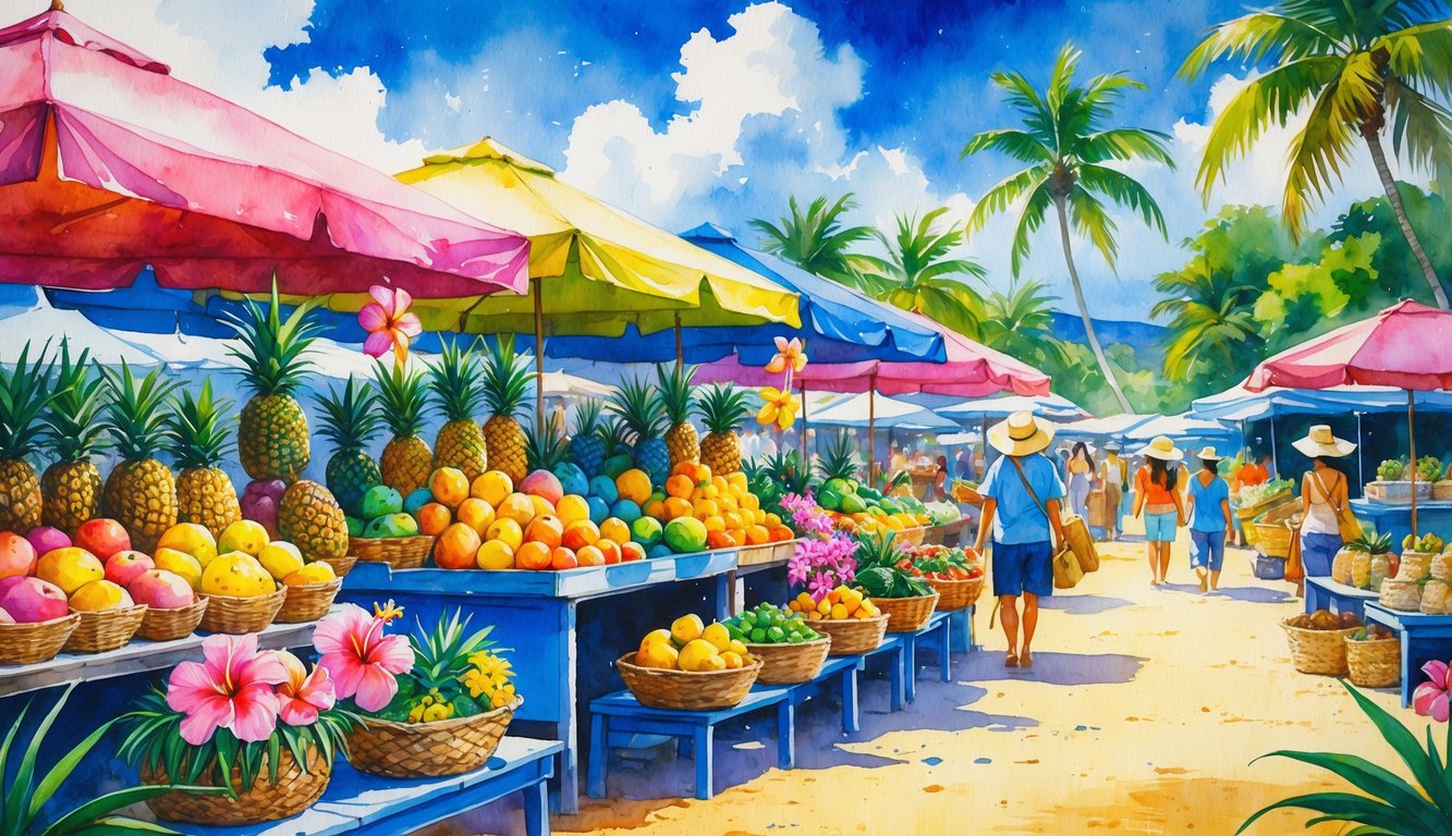 A lively outdoor market in Hawaii with stalls of tropical fruits, colorful flowers, palm trees, and people browsing under a bright blue sky.