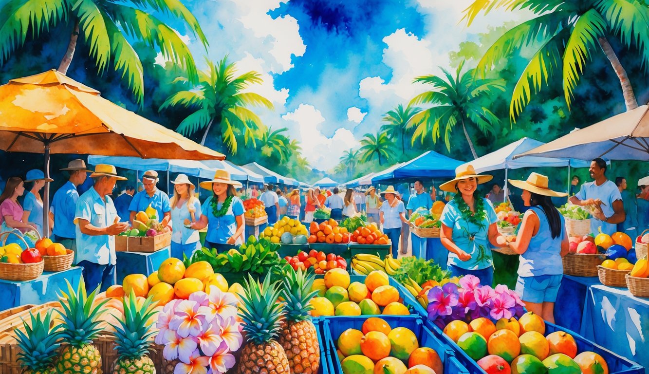 A bustling farmers' market in Hawaii with colorful fruit stalls, tropical flowers, smiling vendors, palm trees, and shoppers enjoying a sunny day.