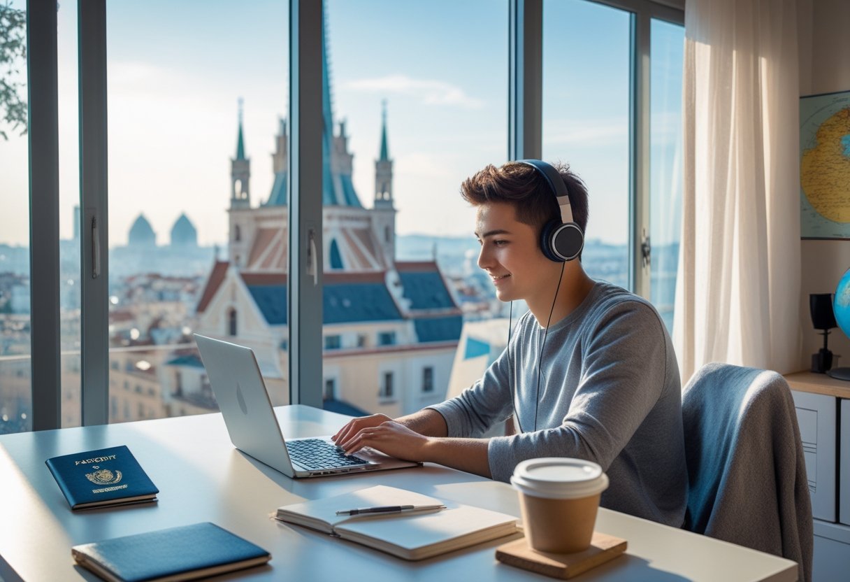 A person working on a laptop at a desk with a window showing an international cityscape in the background.