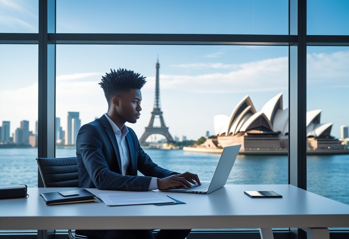 A person working on a laptop at a desk with legal documents and a passport, with a city skyline visible through a window in the background.