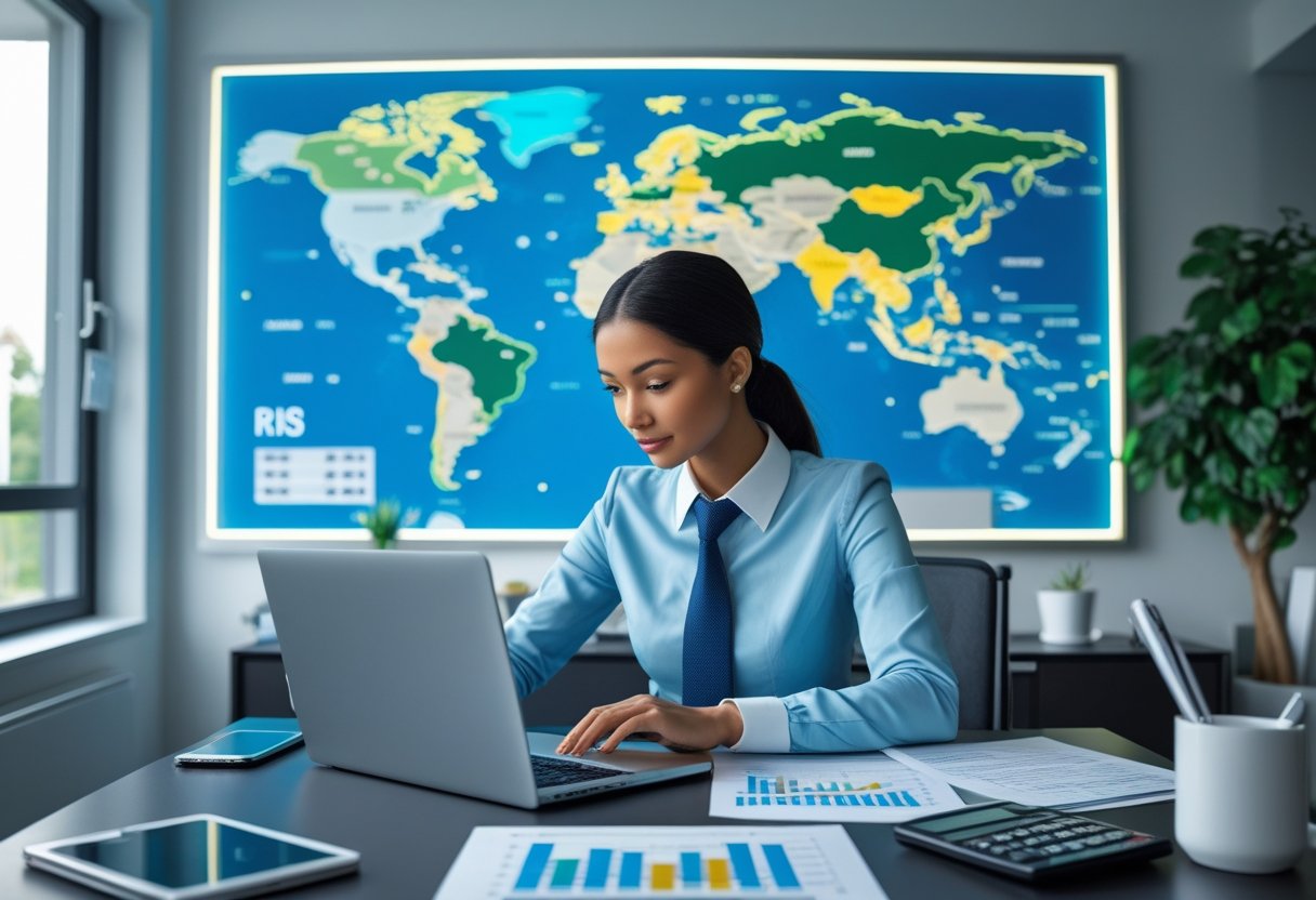 Person working on a laptop at a desk with a world map in the background and financial documents nearby.